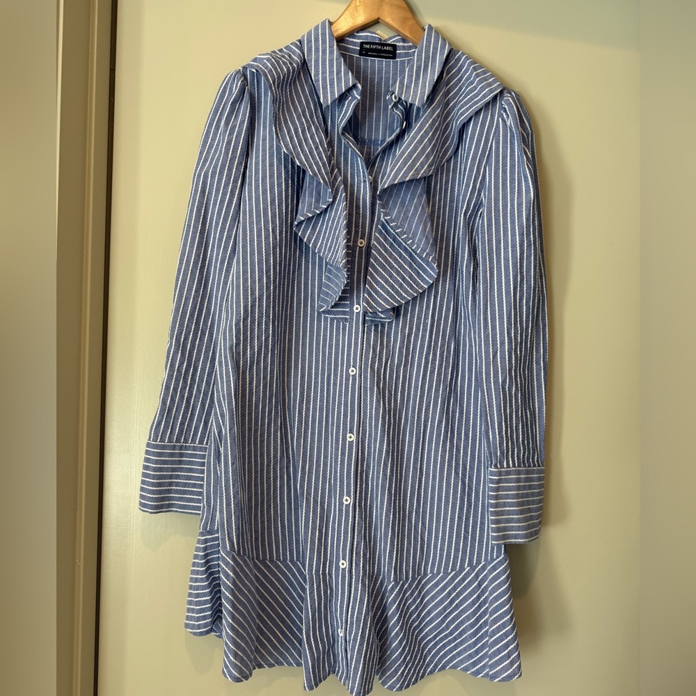 The Fifth Label Blue and White Striped Ruffle-Trim Blouse